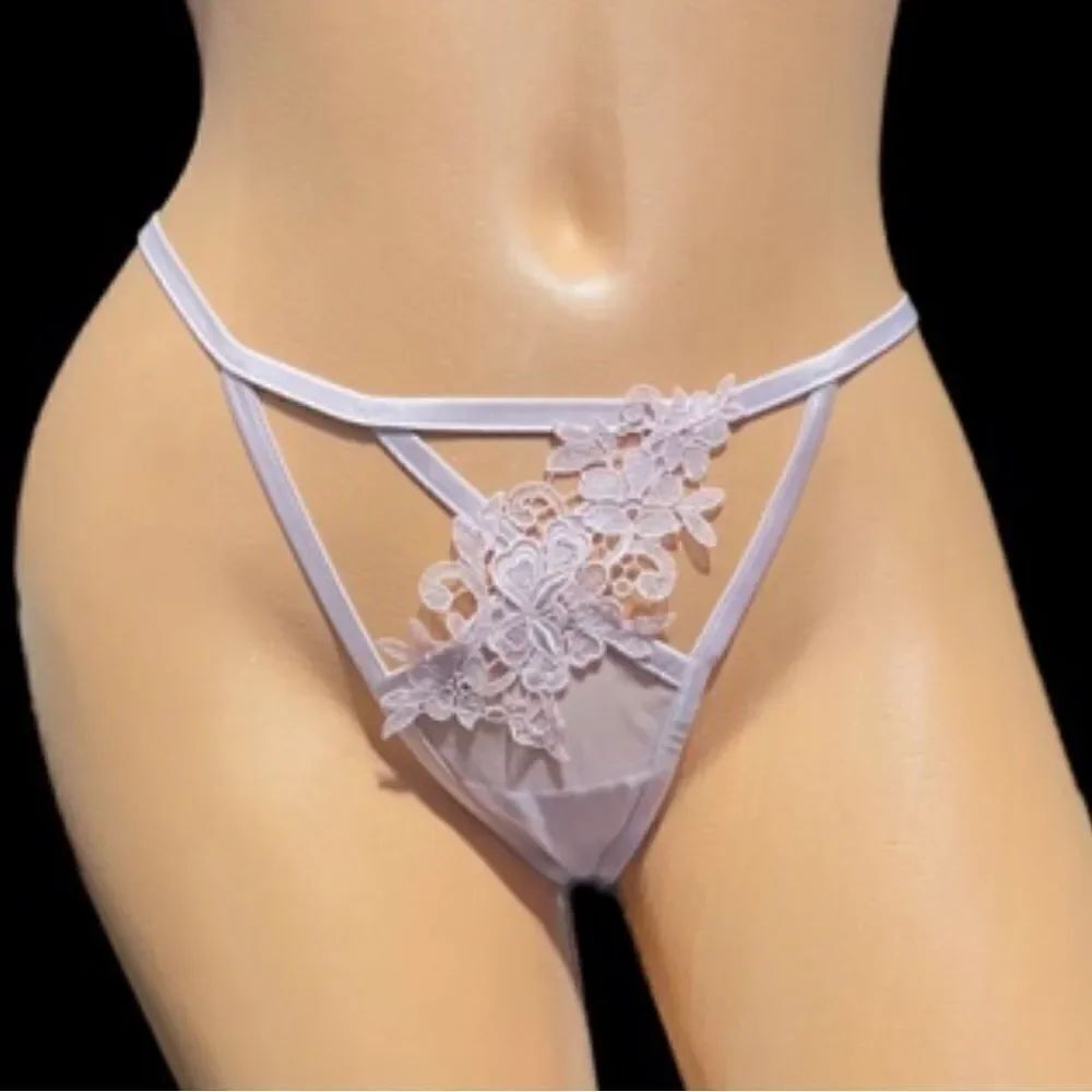 Victorias Secret Very Sexy Floral Appliqué Sheer Mesh V String Panty pink